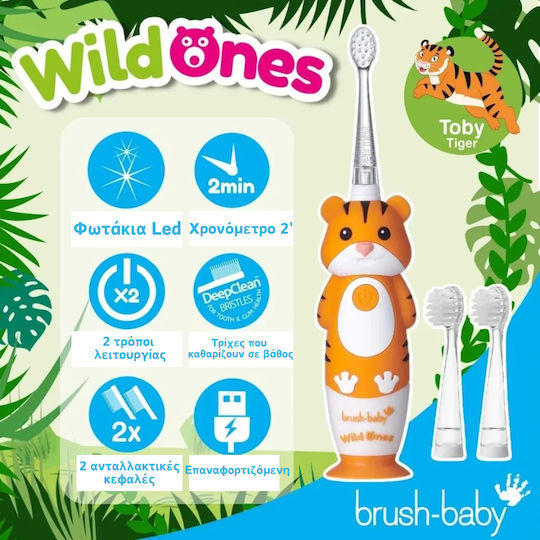 Brush Baby Wildones Children's Electric Toothbrush with Chronograph for 0m+ Tiger with Replacement Heads