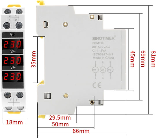 Sinotimer Voltmeter Three-Phase Measures AC Voltage 80-500V SDM010