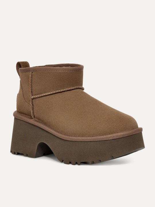 Classic Ultra Mini Leather Women's Ankle Boots with Medium Heel & Fur Brown