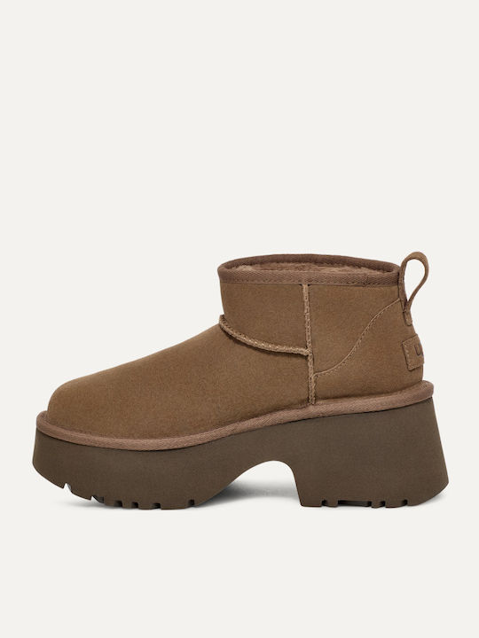 Classic Ultra Mini Leather Women's Ankle Boots with Medium Heel & Fur Brown