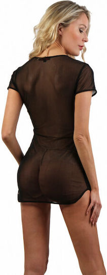 Schwarzes Kurzarmkleid aus feinem Netz 1
