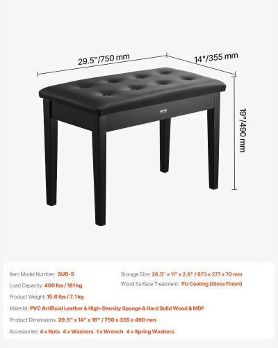 Vevor Double Piano Bench Keyboard Storage Padded Seat Wooden Vanity Library Stool