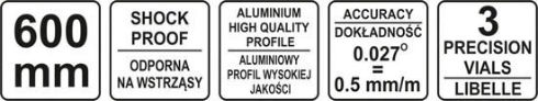 Yato YT-30375 Spirit Level Aluminum 60cm with 3 Eyes