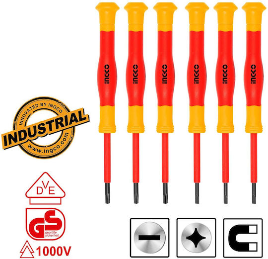 Ingco Set Electrician VDE 1000V Precision Screwdrivers with 6 Interchangeable Tips