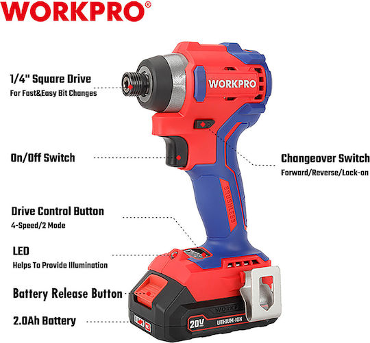 WorkPro WP390102 Παλμικό Κατσαβίδι Μπαταρίας Brushless 20V 2x2Ah