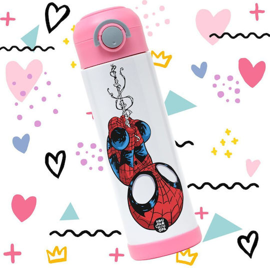 Koupakoupa Spiderman Upside Down Sticlă Pentru Copii Spiderman Din Oțel Inoxidabil Cu Pai Roz 500ml