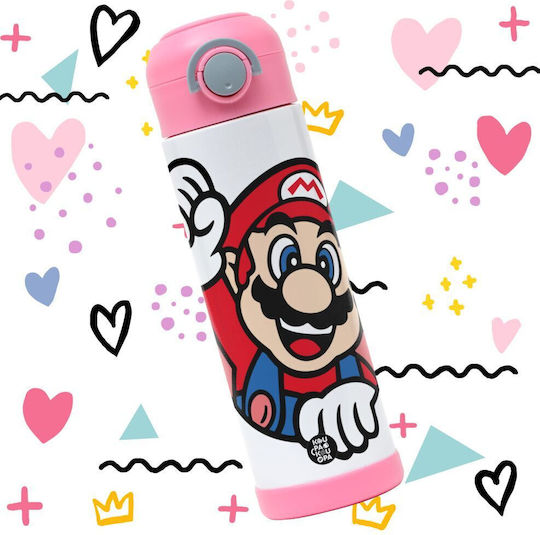 Koupakoupa Super Mario Win Sticlă Pentru Copii Super Mario Din Oțel Inoxidabil Cu Pai Roz 500ml