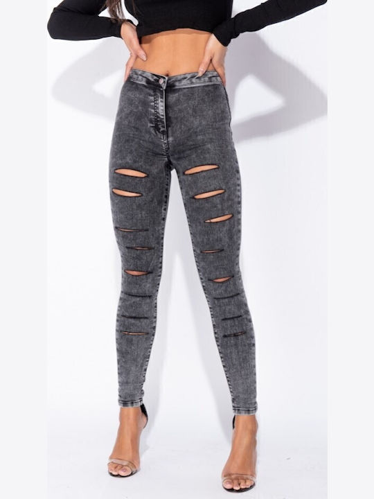High Waist Women's Jean Trousers with Rips in Skinny Fit Black
