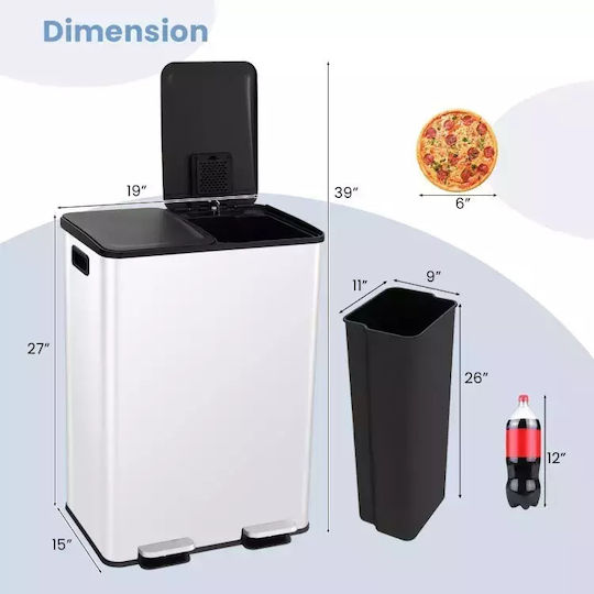 Costway Recycling Waste Bin Made of Stainless Steel with Pedal 48x38x69cm White