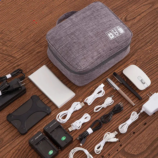 Geantă textilă pentru depozitarea cablurilor căști accesorii electronice Tecos închidere cu fermoar curele elastice pereți interiori velcro impermeabil 24.5x18x10cm gri gri