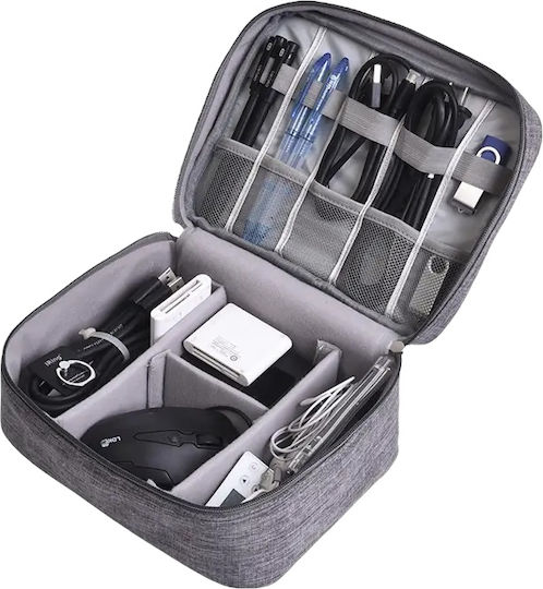 Geantă textilă pentru depozitarea cablurilor căști accesorii electronice Tecos închidere cu fermoar curele elastice pereți interiori velcro impermeabil 24.5x18x10cm gri gri