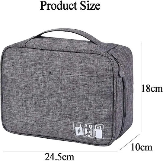 Geantă textilă pentru depozitarea cablurilor căști accesorii electronice Tecos închidere cu fermoar curele elastice pereți interiori velcro impermeabil 24.5x18x10cm gri gri
