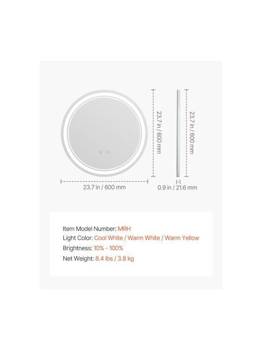Vevor Round Bathroom Mirror Led made of Plastic 60x60cm White