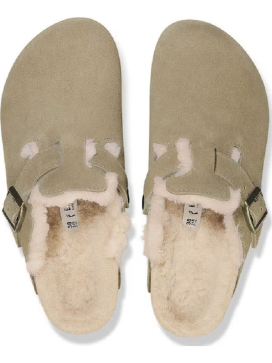 Boston Shearling Suede Winter Women's Slippers with Fur Brown Narrow Fit