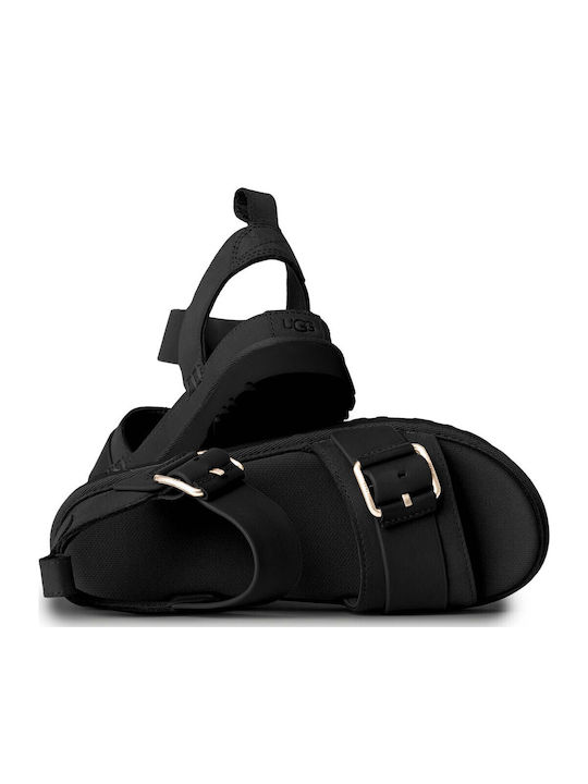 Goldenstar Δερμάτινα Γυναικεία Σανδάλια Flatforms Μαύρα