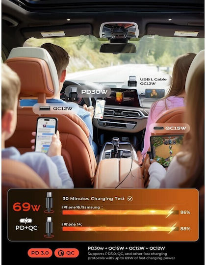 Lisen Încărcător Auto 69W cu Porturi: 1xUSB 1xType-C împreună cu Cablu Integrat / Lightning Gri Culoare