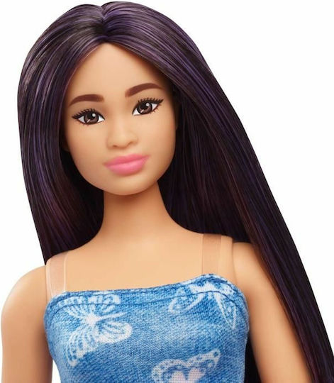 Barbie Fashionistas Doll Fashionistas Down Syndrome, Purple Hair, Butterfly Print Strapless Denim Dress, Pink Belt and Boots for 3+ years+ Years