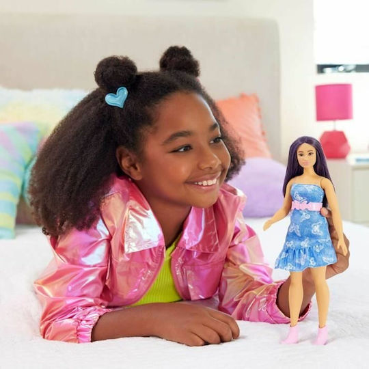 Barbie Fashionistas Doll Fashionistas Down Syndrome, Purple Hair, Butterfly Print Strapless Denim Dress, Pink Belt and Boots for 3+ years+ Years