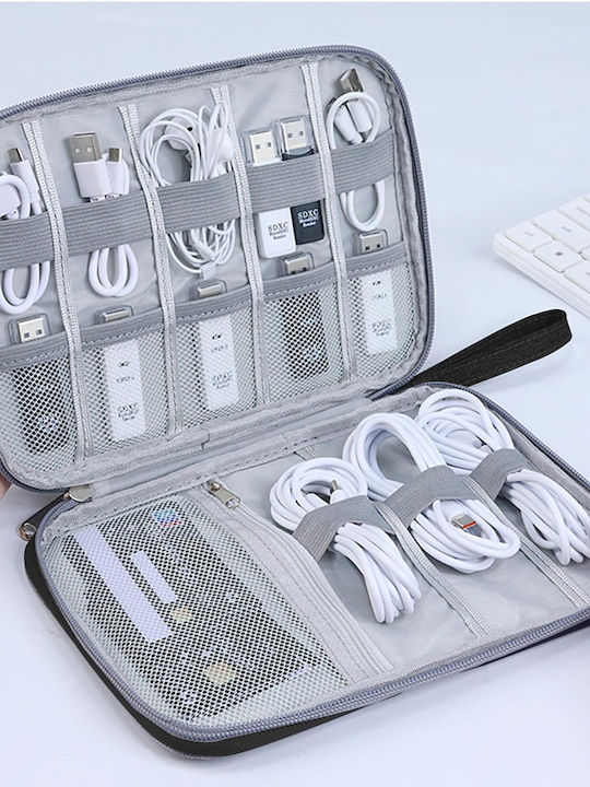 Geantă textilă pentru depozitarea cablurilor, căștilor, accesoriilor electronice Tecos, închidere cu fermoar, curele elastice, impermeabilă, 24,5x18x10cm, albastru