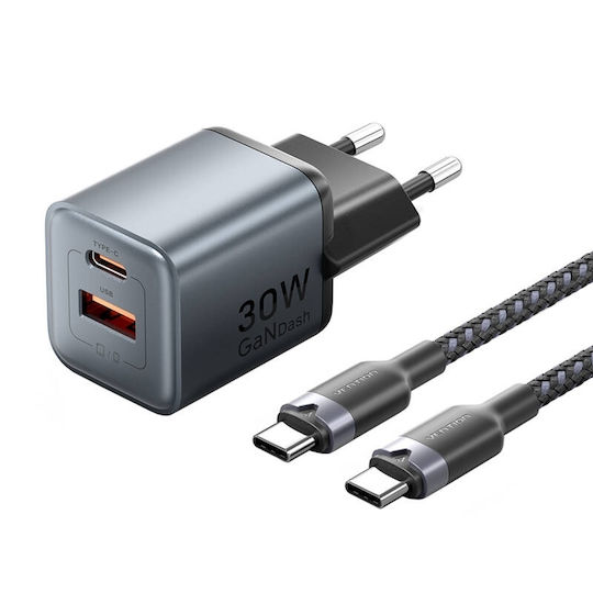 Vention GaN Charger with USB-A and USB-C Ports and USB-C - USB-C Cable 30W Power Delivery / Quick Charge 3.0 Black