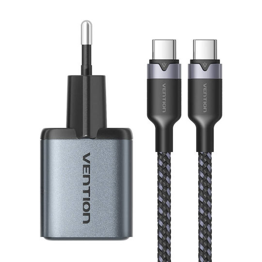 Vention GaN Charger with USB-A and USB-C Ports and USB-C - USB-C Cable 30W Power Delivery / Quick Charge 3.0 Black