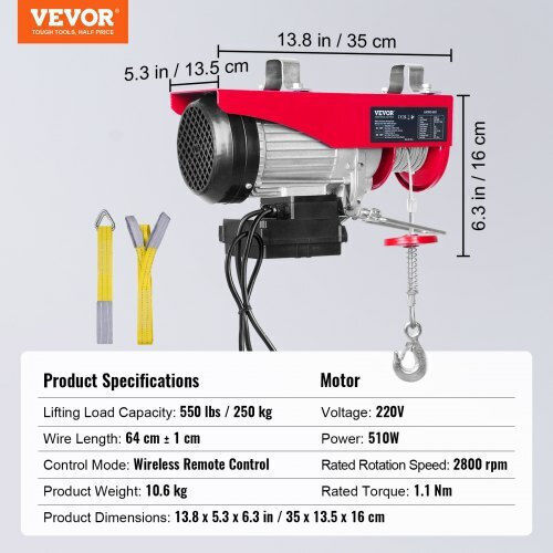 Vevor Electric Hoist 510 W Wifi Remote Control Maximum Lifting Height 6/12 M Speed 10 M Min Capacity 125 250 Kg