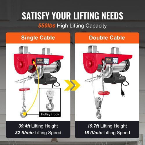 Vevor Electric Hoist 510 W Wifi Remote Control Maximum Lifting Height 6/12 M Speed 10 M Min Capacity 125 250 Kg