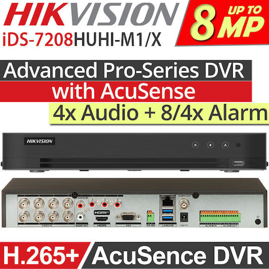 Acusense DVR 8 канала 4K 8 канала IP 4K аудио 'по коаксиален кабел' аларма 1U Hikvision IDS-7208HUHI-M1-X 4A+8/4ALM