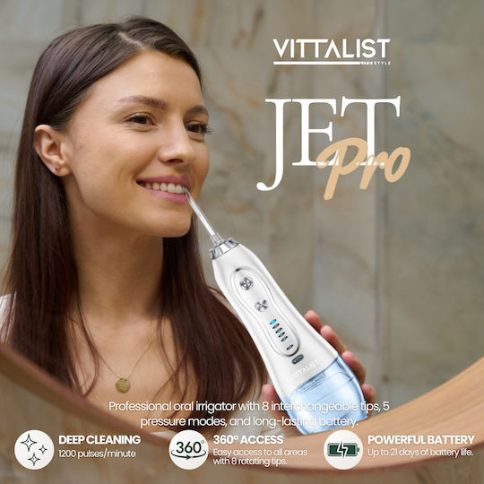 Преносим професионален орален иригатор Орален душ Vittalist 5 нива на интензивност 8 дюзи включени USB включен IPX7 водоустойчив 300 мл резервоар 1200 пулсации в минута батерия