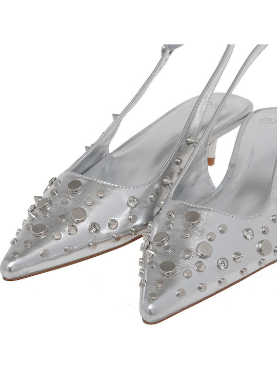 Synthetic Leather Silver Low Heels with Strap