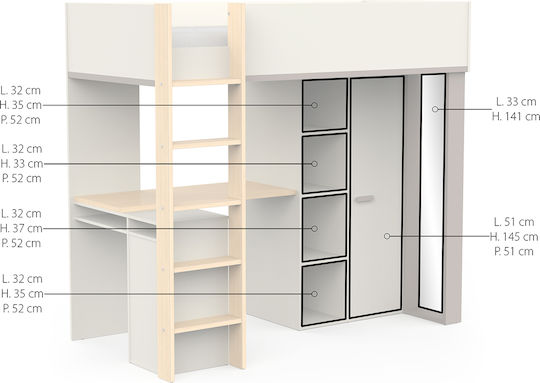 Kinderbett Hochbett Einzeln mit Stauraum & Schreibtisch Weiß für Matratze 90x200cm