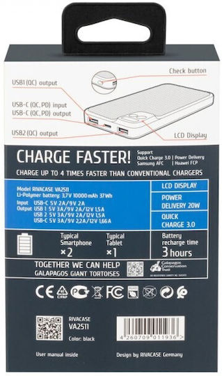 Rivacase Baterie Externă 10000mAh 20W Cu 2 Porturi De Ieșire USB-A Și Port USB-C Power Delivery Încărcare Rapidă Neagră