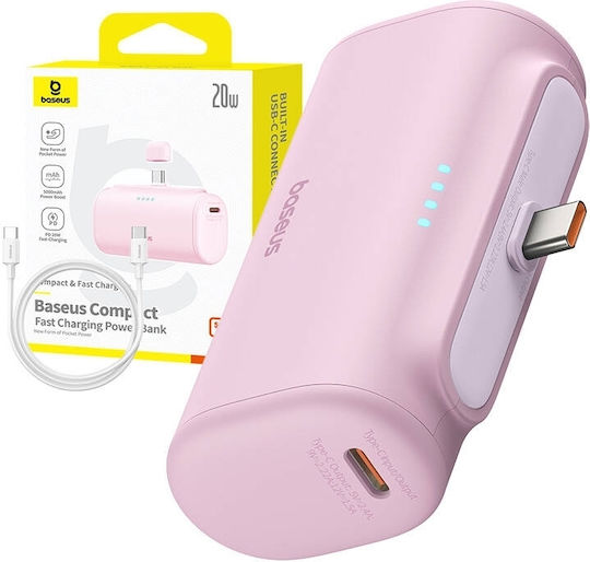 Baseus Compact Series Built-in Type-C Power Bank 5000mAh 20W με Θύρα USB-C Power Delivery / Quick Charge 3.0 Ροζ
