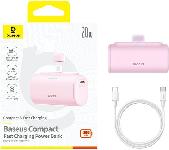 Baseus Compact Series Built-in Type-C Power Bank 5000mAh 20W με Θύρα USB-C Power Delivery / Quick Charge 3.0 Ροζ