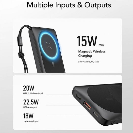 Charmast W1151 MagSafe Power Bank 10000mAh 20W με Θύρα USB-A και Θύρα USB-C Power Delivery / Quick Charge 3.0 Μαύρο