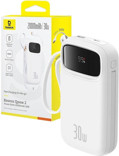Baseus QPow 2 Power Bank 20000mAh 30W с USB-A порт и 2 USB-C порта Бял