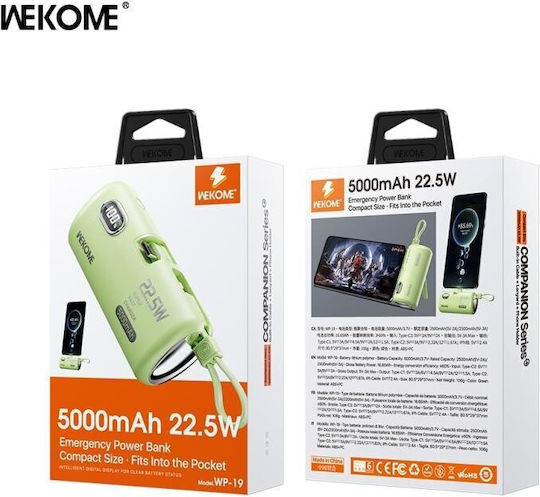WK WP-19 Power Bank 5000mAh 22.5W με 2 Θύρες USB-C Πράσινο
