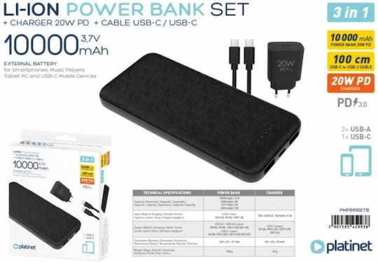 Platinet Set Baterie Externă 10000mAh 20W Cu 2 Porturi De Ieșire USB-A Și Port USB-C Power Delivery Negru