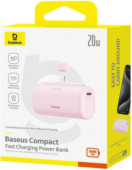 Baseus Compact Lightning Edition Power Bank 5000mAh 20W με Θύρα USB-C Ροζ