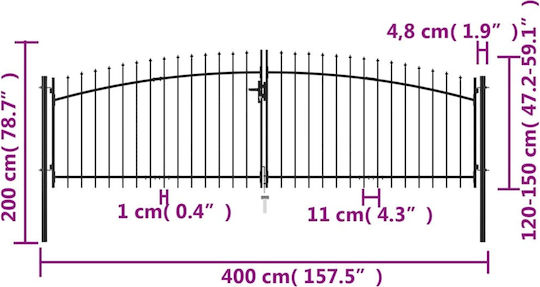 vidaXL Metal Fence Gate with Spears in Black Color 2.0x4.0m