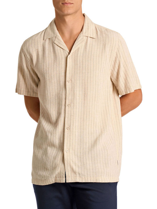 Short-sleeved Linen Shirt in Wide Line Striped Beige, Lt Stone
