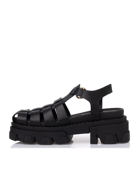 Leder Flache Sandalen für Damen in Schwarz Farbe