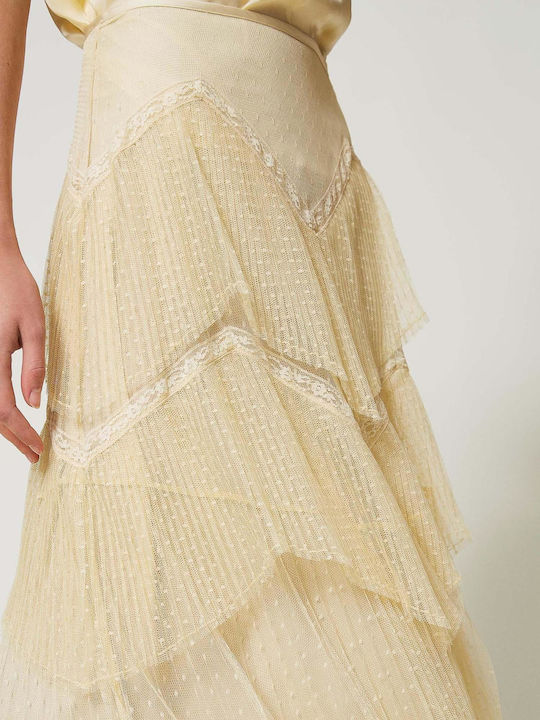Pleated High-waisted Maxi Skirt with Tulle Yellow
