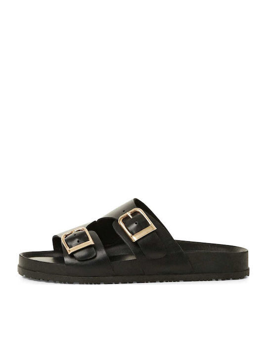 Leather Women's Flat Sandals in Black Color