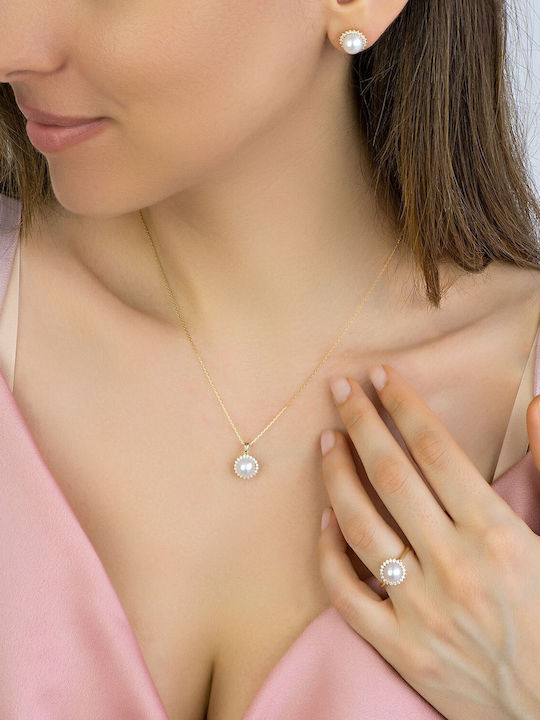 Kiriakos Gofas Set with Necklace , Earrings & Ring from Gold 18K with Stones and Pearls