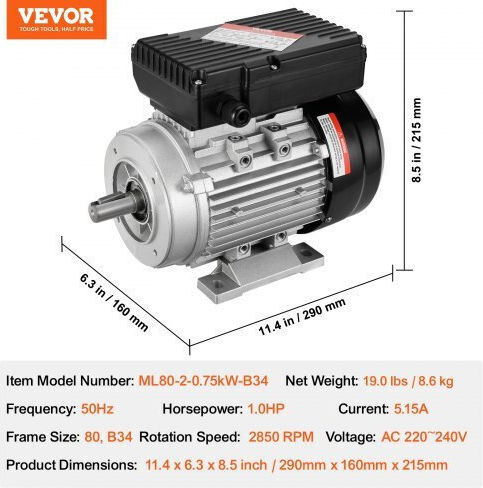 Single-phase Electric Motor 0.75 Kw 1400 Rpm Frame B34 5.15 A 220 V/50 Hz
