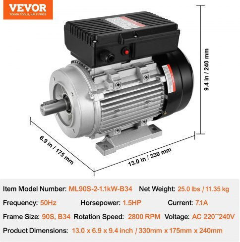 Single-phase Electric Motor 1.1 Kw 2800 Rpm 90s B34 Frame 7.1 A 220 V/50 Hz