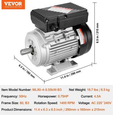 Single-phase Electric Motor 0.5 Kw 2800 Rpm Frame B3 4.5 A 220 V/50 Hz
