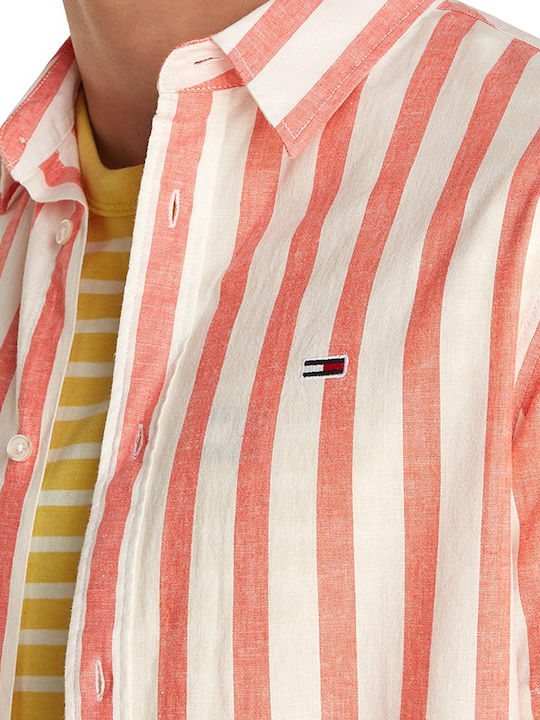 Short-sleeved Linen Shirt Red-White