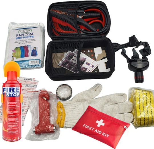Car Emergency Kit with First Aid Kit Fire Extinguisher Jump Cables Tow Rope Emergency Hammer & Gloves